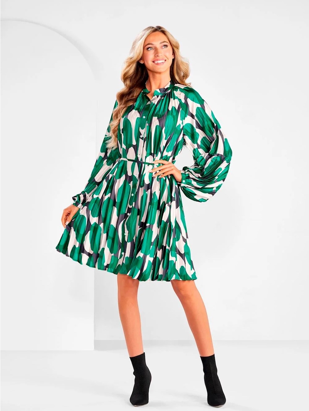 Mud Pie Celia Pleated Dress in a green and pink